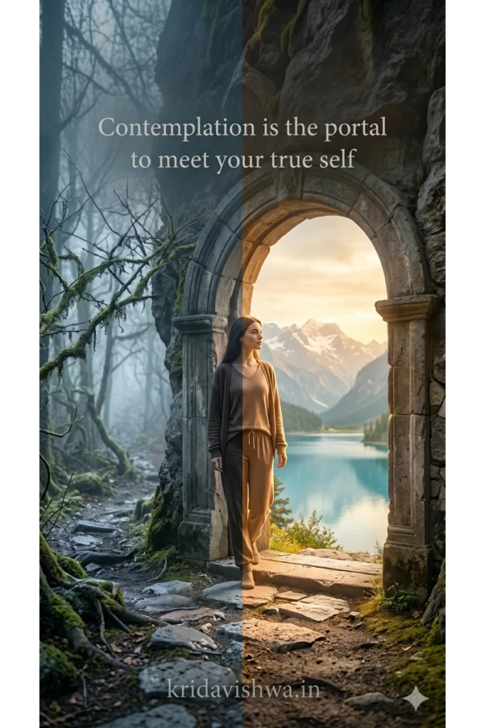 A beautiful graphic design to use for whatsapp status or personal wallpaper with beautifully saying : "Contemplation is the portal to meet your true self"