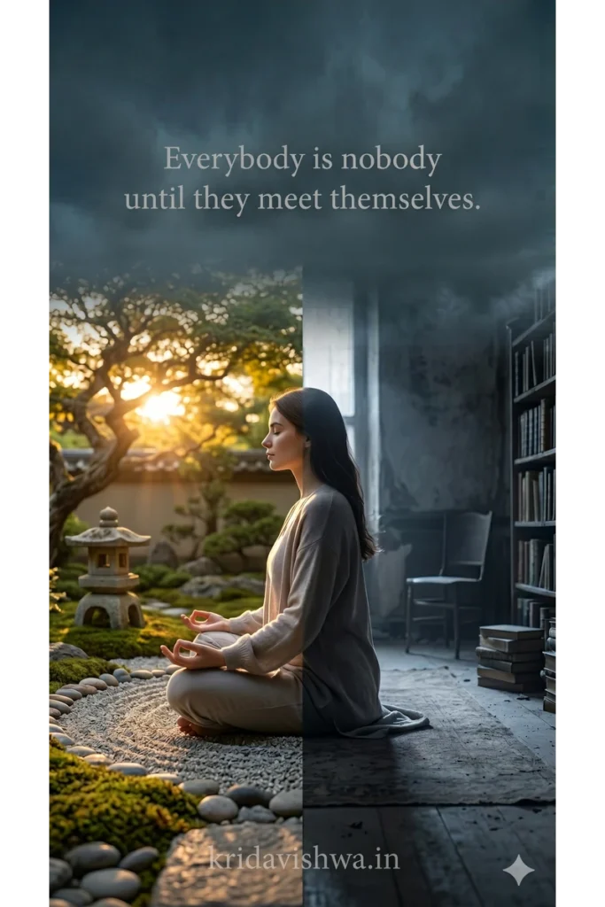 A beautiful graphic design to use for whatsapp status or personal wallpaper with beautifully saying : "Everybody is nobody until they meet themselves"