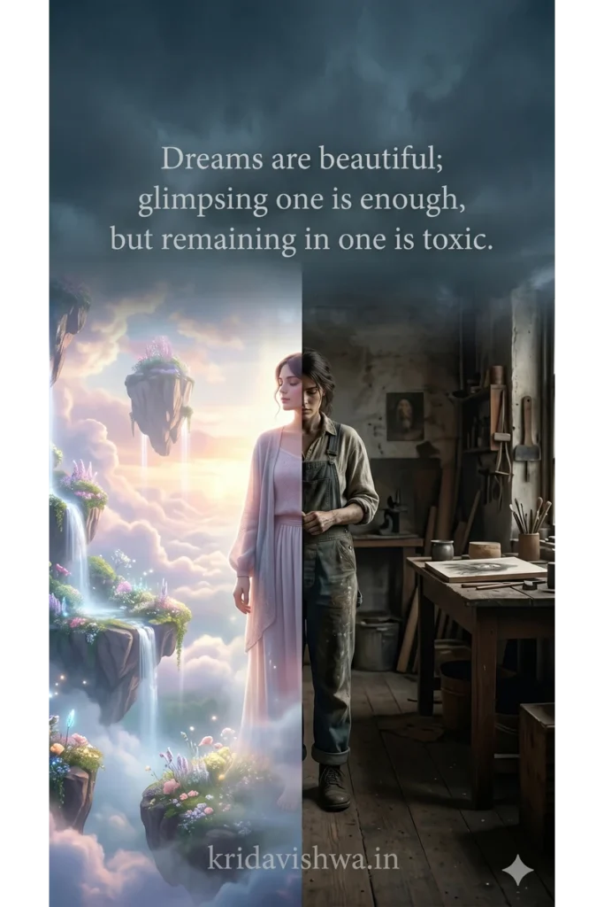 A beautiful graphic design to use for whatsapp status or personal wallpaper with beautifully saying : "Dreams are beautiful; glimpsing one is enough, but remaining in one is toxic"