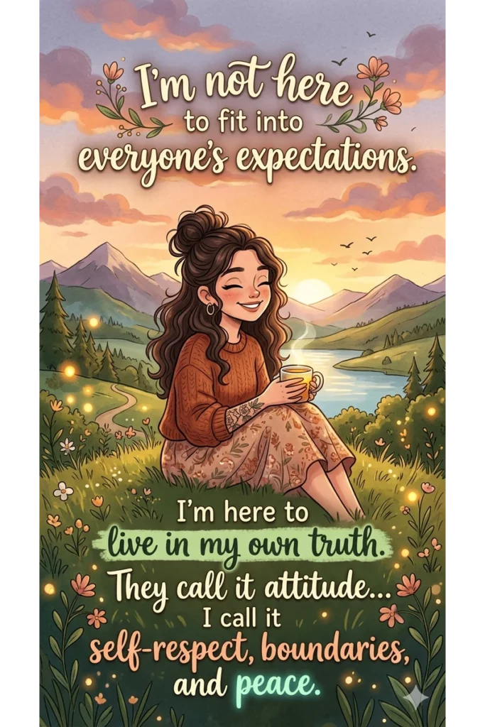 A beautiful graphic design to use for whatsapp status or personal wallpaper with beautifully saying : "I am not here to fit into everyone's expectations. I'm here to live in my own truth. they call it attitude... I call it self-respect, boundaries and peace."