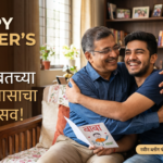 फादर्स डे ब्लॉगसाठी वडील आणि मुलाच्या आनंदी मिठीचे छायाचित्र, ज्यावर 'HAPPY FATHER'S DAY' आणि 'बाबांसोबतच्या सुंदर प्रवासाचा आनंदोत्सव!' असा मजकूर आणि ब्लॉग वाचण्यासाठीचा कॉल-टू-ॲक्शन आहे."
