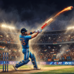 A dramatic, cinematic digital illustration of a cricket batsman wearing a blue jersey with the number 45 on the back, forcefully striking a glowing, fiery cricket ball high into the air. The action takes place in a packed, brilliantly lit stadium at night under towering floodlights. The energetic crowd is cheering loudly and waving Indian flags, while the digital boundary boards in the background vividly display the word 'SIX!'."