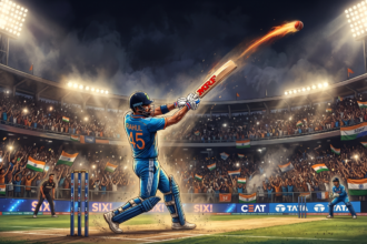 A dramatic, cinematic digital illustration of a cricket batsman wearing a blue jersey with the number 45 on the back, forcefully striking a glowing, fiery cricket ball high into the air. The action takes place in a packed, brilliantly lit stadium at night under towering floodlights. The energetic crowd is cheering loudly and waving Indian flags, while the digital boundary boards in the background vividly display the word 'SIX!'."
