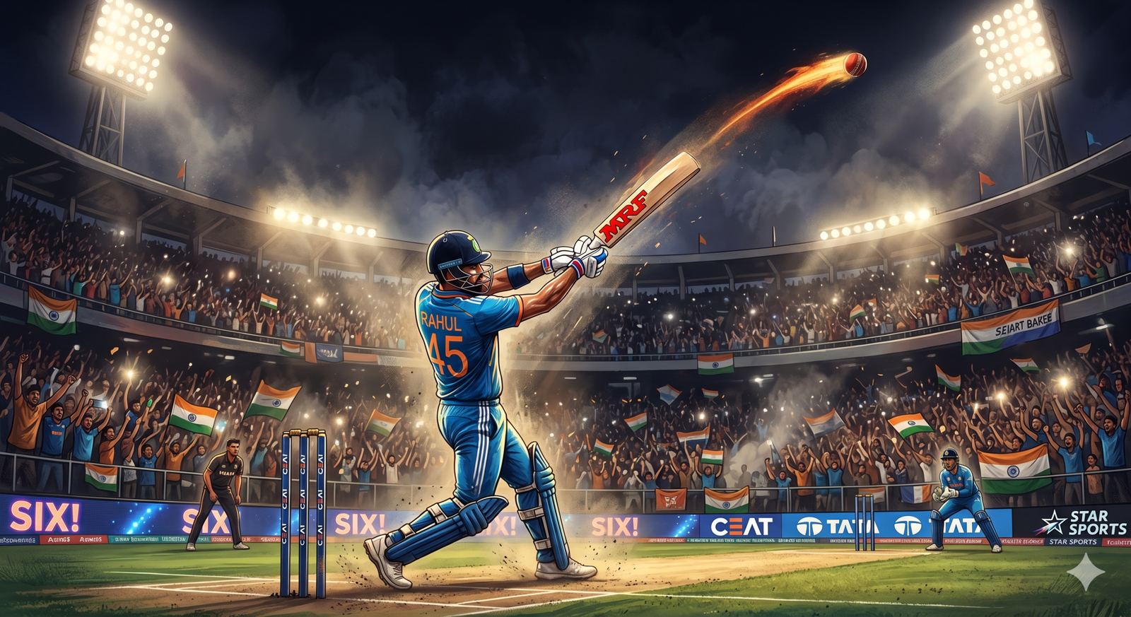 A dramatic, cinematic digital illustration of a cricket batsman wearing a blue jersey with the number 45 on the back, forcefully striking a glowing, fiery cricket ball high into the air. The action takes place in a packed, brilliantly lit stadium at night under towering floodlights. The energetic crowd is cheering loudly and waving Indian flags, while the digital boundary boards in the background vividly display the word 'SIX!'."