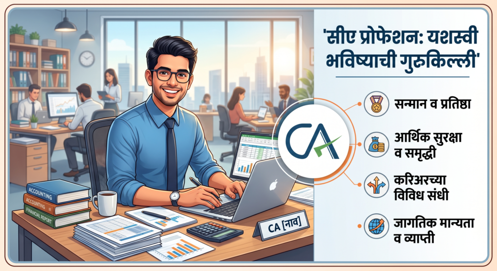 CA PROFESSION म्हणजे यशस्वी भविष्याची गुरुकिल्ली अश्या आशयाचे चित्र ज्यात सीए व्यावसायिक बनल्यानंतर करिअर संधी कोणती असते ह्या विषयी चित्रात नमूद केले आहे