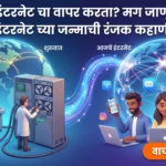एका ॲनिमेटेड चित्रात इंटरनेटची उत्क्रांती दर्शवली आहे, ज्यामध्ये जुन्या काळातील संगणक प्रणाली (ARPANET) आणि आजच्या काळातील स्मार्टफोन, लॅपटॉप व जागतिक संपर्क व्यवस्था दाखवली आहे. चित्रात "तुम्ही इंटरनेट चा वापर करता? मग जाणून घ्या इंटरनेट च्या जन्माची रंजक कहाणी" हे शीर्षक आणि वाचकांना आकर्षित करण्यासाठी 'वाचा सविस्तर!' हे कॉल-टू-ॲक्शन बटन आहे.