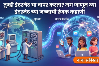 एका ॲनिमेटेड चित्रात इंटरनेटची उत्क्रांती दर्शवली आहे, ज्यामध्ये जुन्या काळातील संगणक प्रणाली (ARPANET) आणि आजच्या काळातील स्मार्टफोन, लॅपटॉप व जागतिक संपर्क व्यवस्था दाखवली आहे. चित्रात "तुम्ही इंटरनेट चा वापर करता? मग जाणून घ्या इंटरनेट च्या जन्माची रंजक कहाणी" हे शीर्षक आणि वाचकांना आकर्षित करण्यासाठी 'वाचा सविस्तर!' हे कॉल-टू-ॲक्शन बटन आहे.
