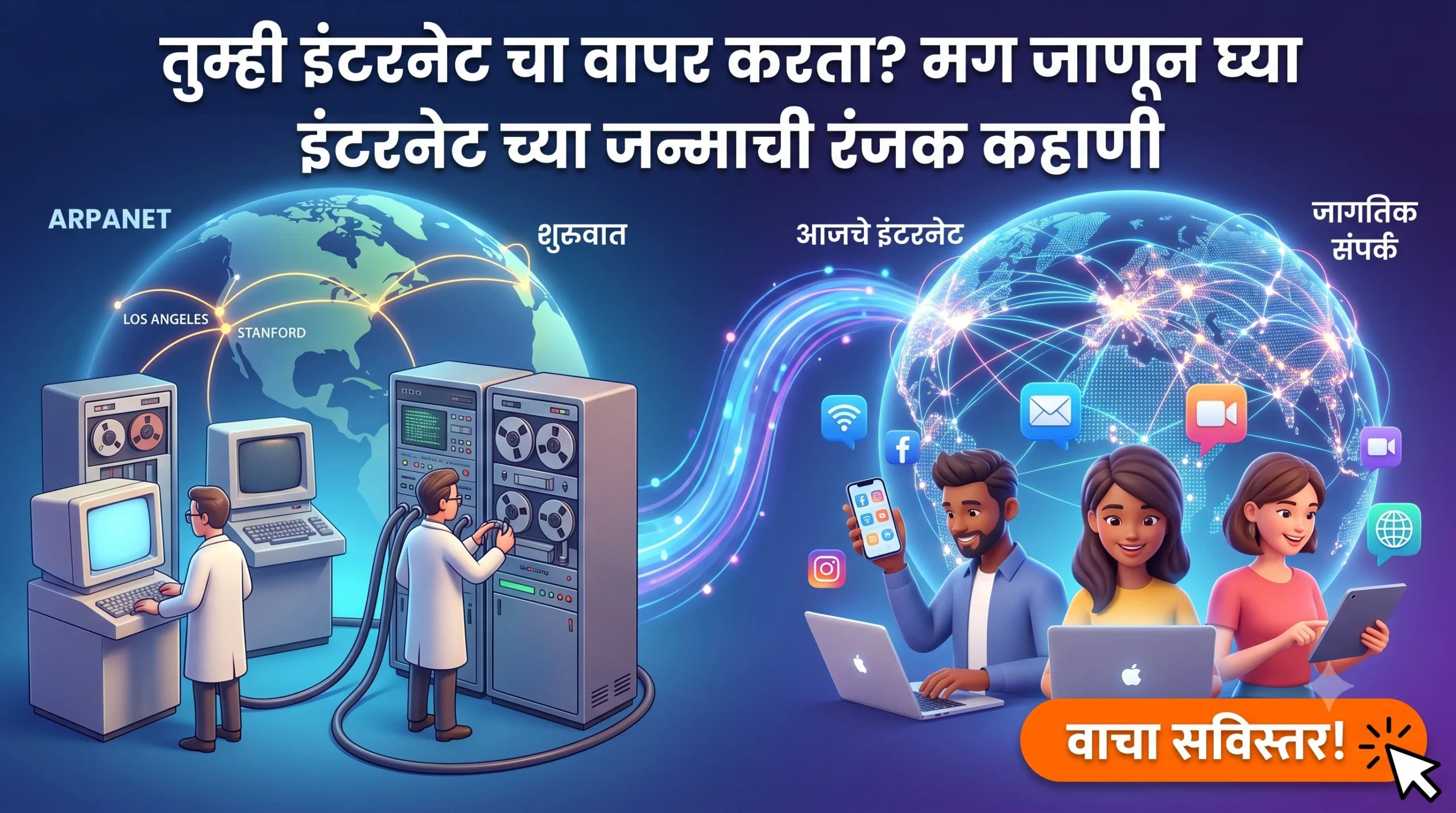 एका ॲनिमेटेड चित्रात इंटरनेटची उत्क्रांती दर्शवली आहे, ज्यामध्ये जुन्या काळातील संगणक प्रणाली (ARPANET) आणि आजच्या काळातील स्मार्टफोन, लॅपटॉप व जागतिक संपर्क व्यवस्था दाखवली आहे. चित्रात "तुम्ही इंटरनेट चा वापर करता? मग जाणून घ्या इंटरनेट च्या जन्माची रंजक कहाणी" हे शीर्षक आणि वाचकांना आकर्षित करण्यासाठी 'वाचा सविस्तर!' हे कॉल-टू-ॲक्शन बटन आहे.