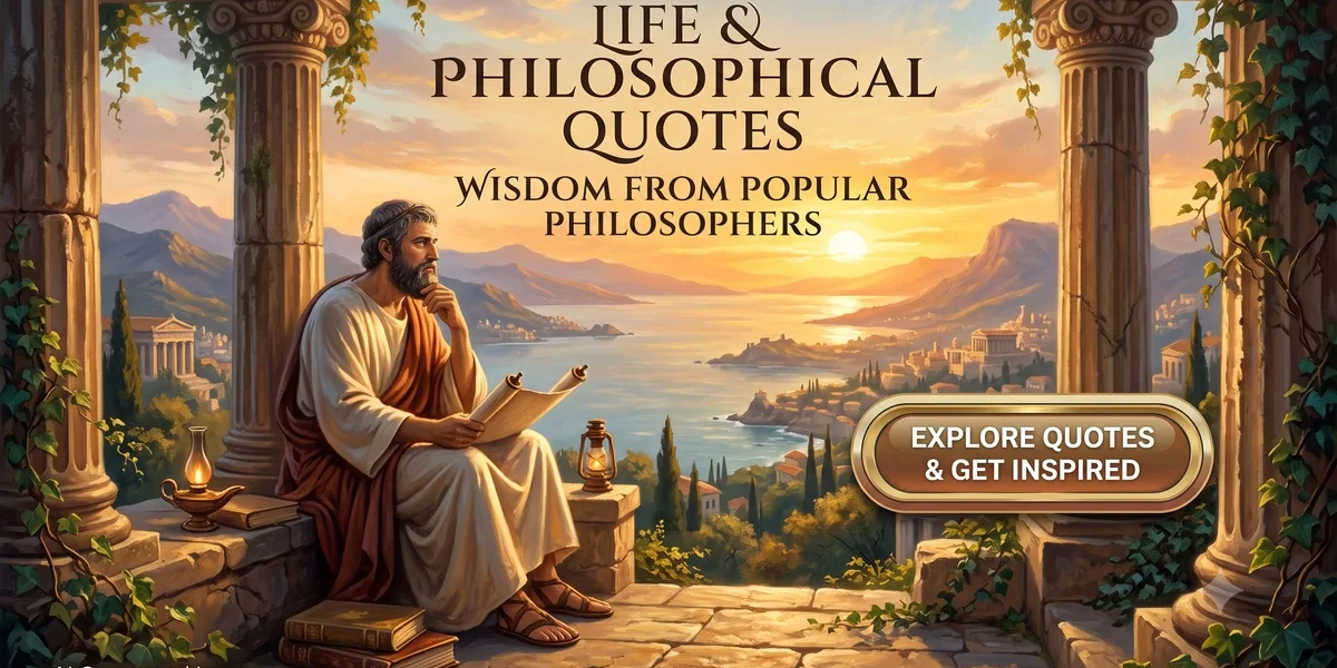 A classical philosopher in a toga sits on a stone terrace with columns at sunset, holding a scroll and surrounded by ancient books, overlooking a Mediterranean coastal landscape. Large text reads "LIFE & PHILOSOPHICAL QUOTES", and a button says "EXPLORE QUOTES & GET INSPIRED".