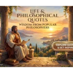 A classical philosopher in a toga sits on a stone terrace with columns at sunset, holding a scroll and surrounded by ancient books, overlooking a Mediterranean coastal landscape. Large text reads "LIFE & PHILOSOPHICAL QUOTES", and a button says "EXPLORE QUOTES & GET INSPIRED".