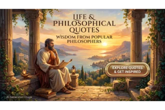A classical philosopher in a toga sits on a stone terrace with columns at sunset, holding a scroll and surrounded by ancient books, overlooking a Mediterranean coastal landscape. Large text reads "LIFE & PHILOSOPHICAL QUOTES", and a button says "EXPLORE QUOTES & GET INSPIRED".