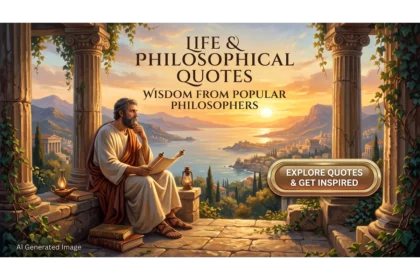 A classical philosopher in a toga sits on a stone terrace with columns at sunset, holding a scroll and surrounded by ancient books, overlooking a Mediterranean coastal landscape. Large text reads "LIFE & PHILOSOPHICAL QUOTES", and a button says "EXPLORE QUOTES & GET INSPIRED".