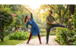 सकाळच्या कोवळ्या उन्हात उत्साहाने व्यायाम करणारी निरोगी व्यक्ती. Overcoming physical deconditioning and fatigue through regular exercise."