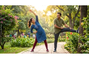 सकाळच्या कोवळ्या उन्हात उत्साहाने व्यायाम करणारी निरोगी व्यक्ती. Overcoming physical deconditioning and fatigue through regular exercise."