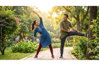 सकाळच्या कोवळ्या उन्हात उत्साहाने व्यायाम करणारी निरोगी व्यक्ती. Overcoming physical deconditioning and fatigue through regular exercise."