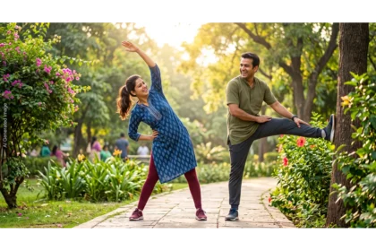 सकाळच्या कोवळ्या उन्हात उत्साहाने व्यायाम करणारी निरोगी व्यक्ती. Overcoming physical deconditioning and fatigue through regular exercise."
