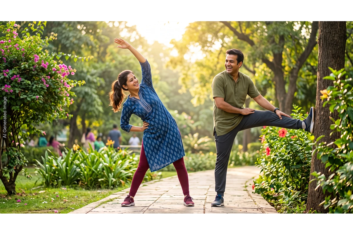 सकाळच्या कोवळ्या उन्हात उत्साहाने व्यायाम करणारी निरोगी व्यक्ती. Overcoming physical deconditioning and fatigue through regular exercise."