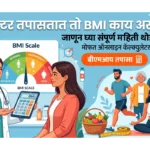 एका क्लिनिकमध्ये डॉक्टर बीएमआय (BMI) स्केल समजावून सांगत आहेत. चित्रात निरोगी जीवनशैली दर्शवणारे घटक जसे की फळे, योग आणि धावणे दाखवले असून, "डॉक्टर तपासतात तो BMI काय असतो?" हे ब्लॉगचे शीर्षक आणि 'बीएमआय तपासा' हे कॉल-टू-एक्शन बटण स्पष्टपणे दिसत आहे.