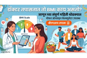 एका क्लिनिकमध्ये डॉक्टर बीएमआय (BMI) स्केल समजावून सांगत आहेत. चित्रात निरोगी जीवनशैली दर्शवणारे घटक जसे की फळे, योग आणि धावणे दाखवले असून, "डॉक्टर तपासतात तो BMI काय असतो?" हे ब्लॉगचे शीर्षक आणि 'बीएमआय तपासा' हे कॉल-टू-एक्शन बटण स्पष्टपणे दिसत आहे.