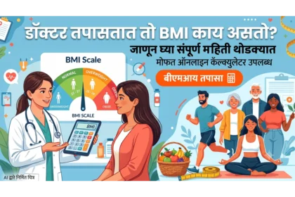 एका क्लिनिकमध्ये डॉक्टर बीएमआय (BMI) स्केल समजावून सांगत आहेत. चित्रात निरोगी जीवनशैली दर्शवणारे घटक जसे की फळे, योग आणि धावणे दाखवले असून, "डॉक्टर तपासतात तो BMI काय असतो?" हे ब्लॉगचे शीर्षक आणि 'बीएमआय तपासा' हे कॉल-टू-एक्शन बटण स्पष्टपणे दिसत आहे.