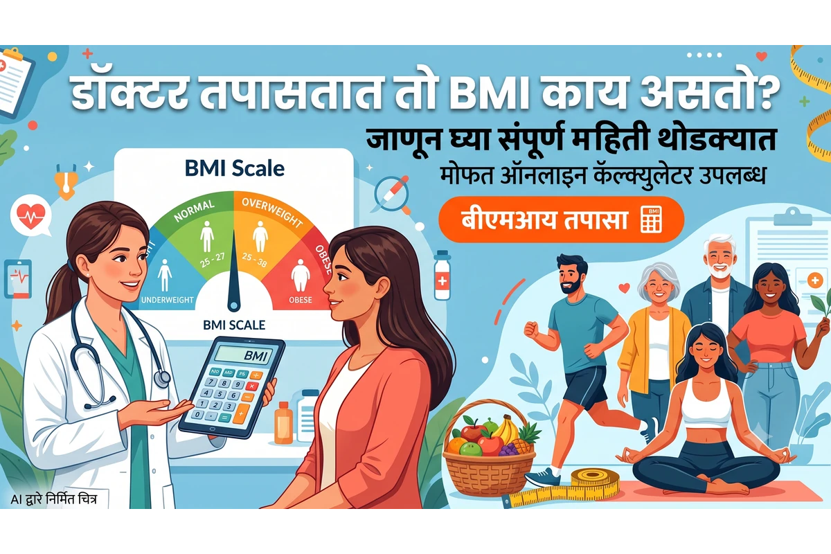 एका क्लिनिकमध्ये डॉक्टर बीएमआय (BMI) स्केल समजावून सांगत आहेत. चित्रात निरोगी जीवनशैली दर्शवणारे घटक जसे की फळे, योग आणि धावणे दाखवले असून, "डॉक्टर तपासतात तो BMI काय असतो?" हे ब्लॉगचे शीर्षक आणि 'बीएमआय तपासा' हे कॉल-टू-एक्शन बटण स्पष्टपणे दिसत आहे.