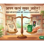 शैक्षणिक साक्षरता आणि सामाजिक साक्षरता यातील फरक दर्शवणारे चित्र - आपण खरंच साक्षर आहोत का? (Illustration showing the difference between educational literacy and social literacy in Marathi.)