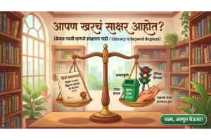 शैक्षणिक साक्षरता आणि सामाजिक साक्षरता यातील फरक दर्शवणारे चित्र - आपण खरंच साक्षर आहोत का? (Illustration showing the difference between educational literacy and social literacy in Marathi.)