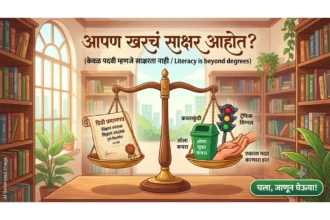 शैक्षणिक साक्षरता आणि सामाजिक साक्षरता यातील फरक दर्शवणारे चित्र - आपण खरंच साक्षर आहोत का? (Illustration showing the difference between educational literacy and social literacy in Marathi.)