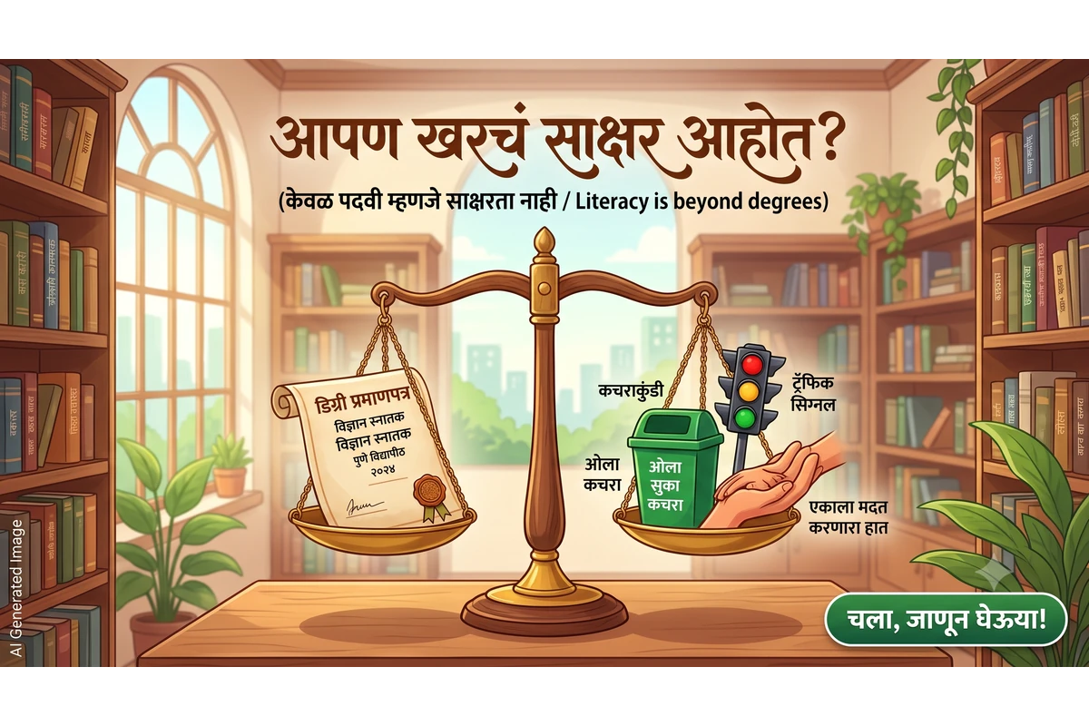 शैक्षणिक साक्षरता आणि सामाजिक साक्षरता यातील फरक दर्शवणारे चित्र - आपण खरंच साक्षर आहोत का? (Illustration showing the difference between educational literacy and social literacy in Marathi.)