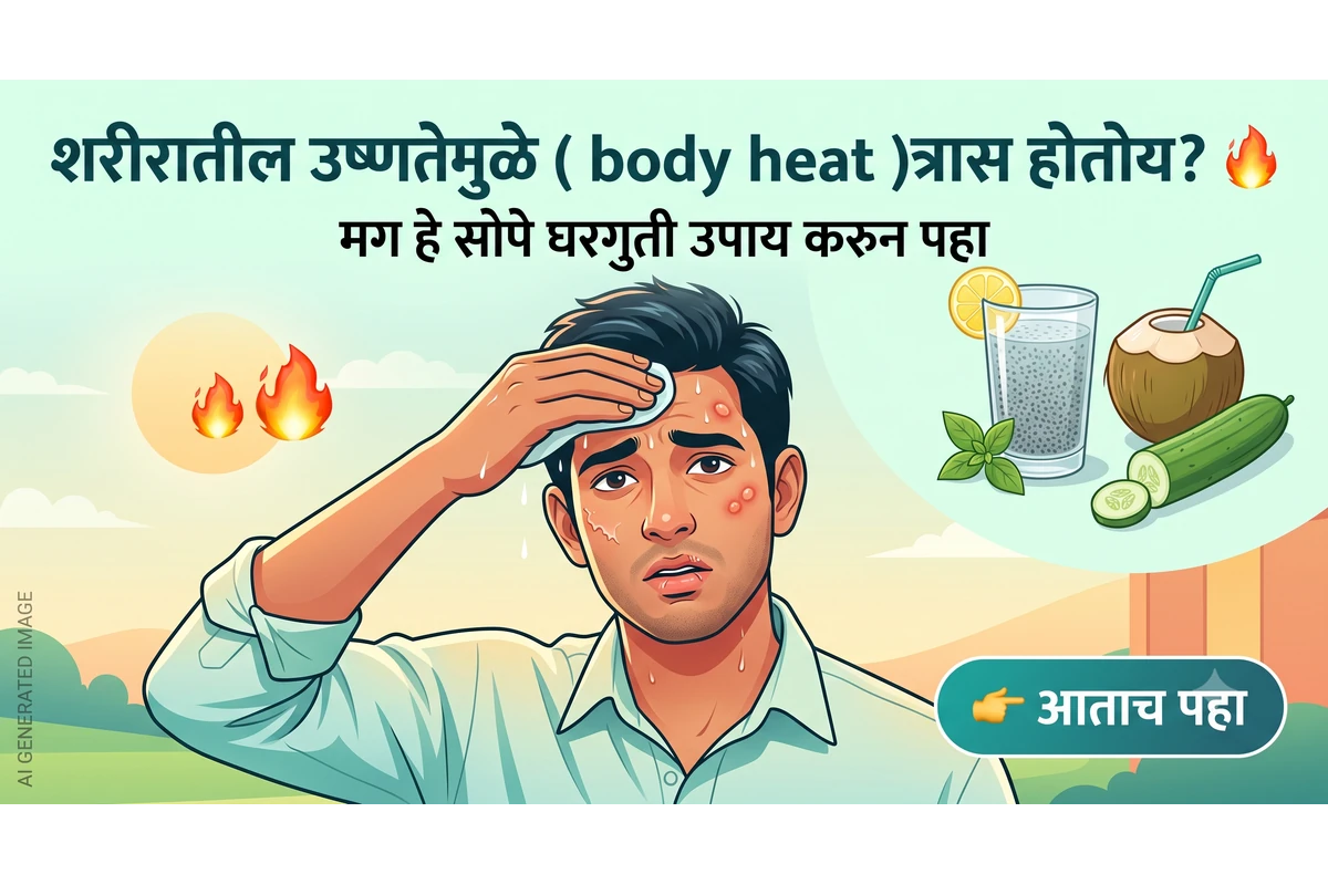 शरीरातील उष्णतेचा (Body Heat) त्रास आणि त्यावरील नैसर्गिक घरगुती उपाय दर्शवणारे चित्र