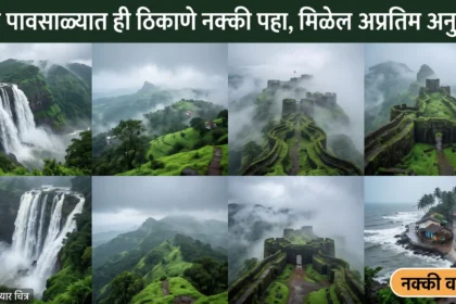"यंदा पावसाळ्यात ही ठिकाणे नक्की पहा, मिळेल अप्रतिम अनुभव!" असे शीर्षक असलेले वेगवेगळ्या निसर्गरम्य प्रदेशातील हिरवळ व धुक्याचे कोलाज प्रकारातील चित्र, "नक्की वाचा" या कॉल टू एक्शन बटन सह.