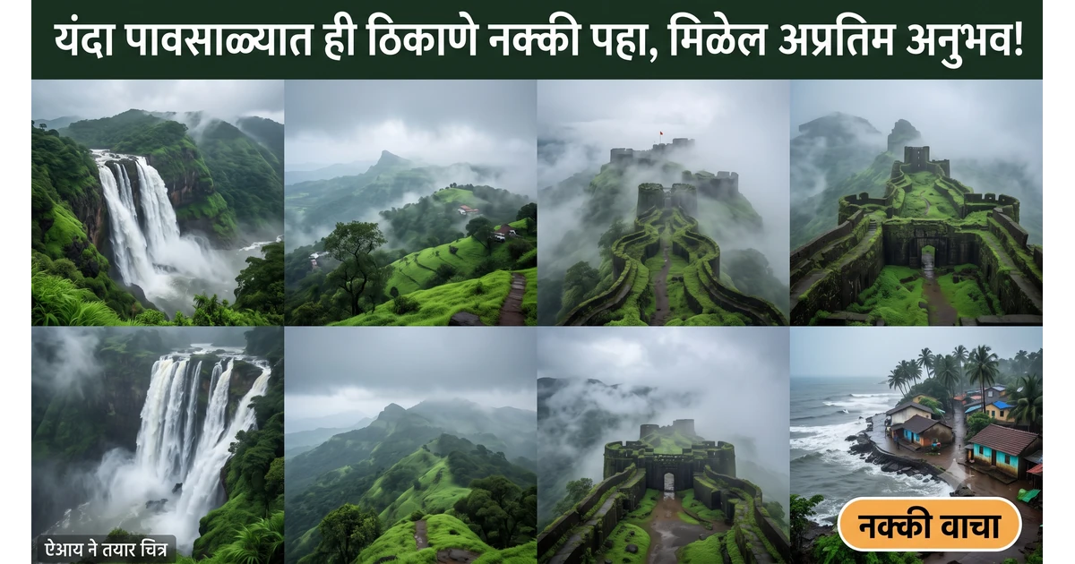 "यंदा पावसाळ्यात ही ठिकाणे नक्की पहा, मिळेल अप्रतिम अनुभव!" असे शीर्षक असलेले वेगवेगळ्या निसर्गरम्य प्रदेशातील हिरवळ व धुक्याचे कोलाज प्रकारातील चित्र, "नक्की वाचा" या कॉल टू एक्शन बटन सह.